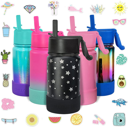 CHILLOUT LIFE 12 Oz Kids Insulated Water Bottle for School with Straw Lid Leakproof and Cute Waterproof Stickers, Personalized Stainless Steel Thermos Flask Metal Water Bottle for Girls & Boys