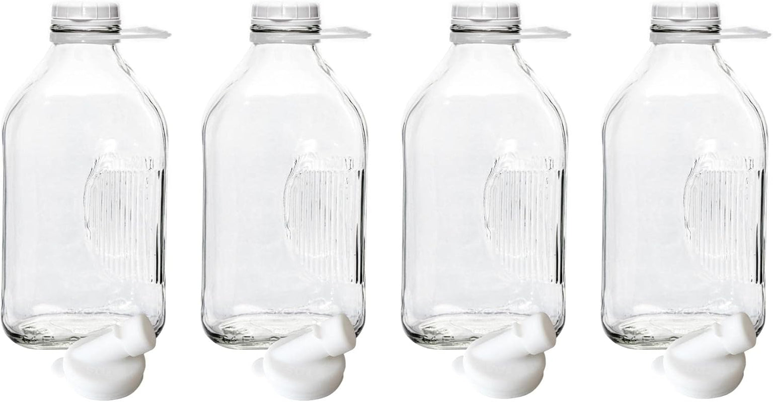 The Dairy Shoppe Heavy Glass Milk Bottles - Jugs with Lids, Silicone Pour Spouts - Clear Milk Containers for Fridge - Reusable Glass Milk Jug Dispenser - Made in USA (64 Oz, 4 Pack)
