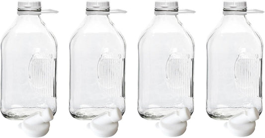 The Dairy Shoppe Heavy Glass Milk Bottles - Jugs with Lids, Silicone Pour Spouts - Clear Milk Containers for Fridge - Reusable Glass Milk Jug Dispenser - Made in USA (64 Oz, 4 Pack)